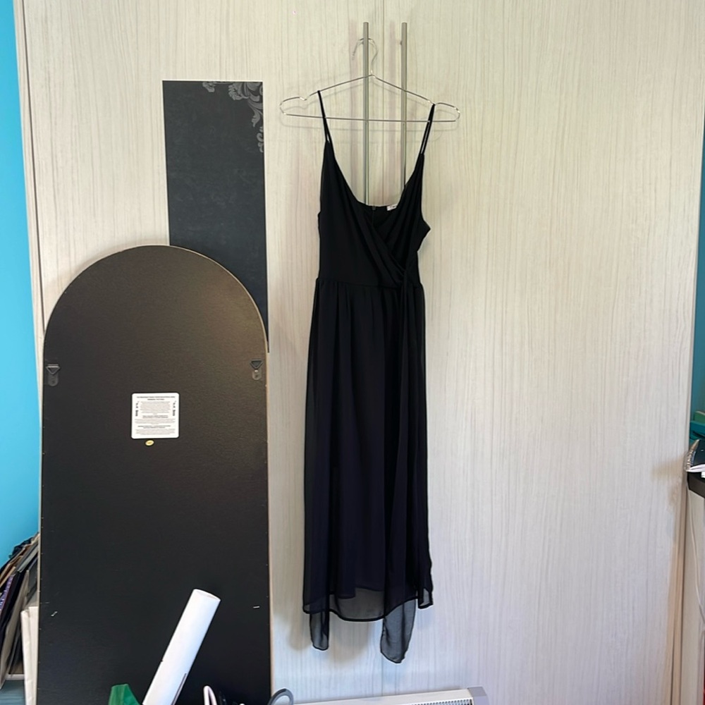 Black dress, mesh overlay with a tie around the waist